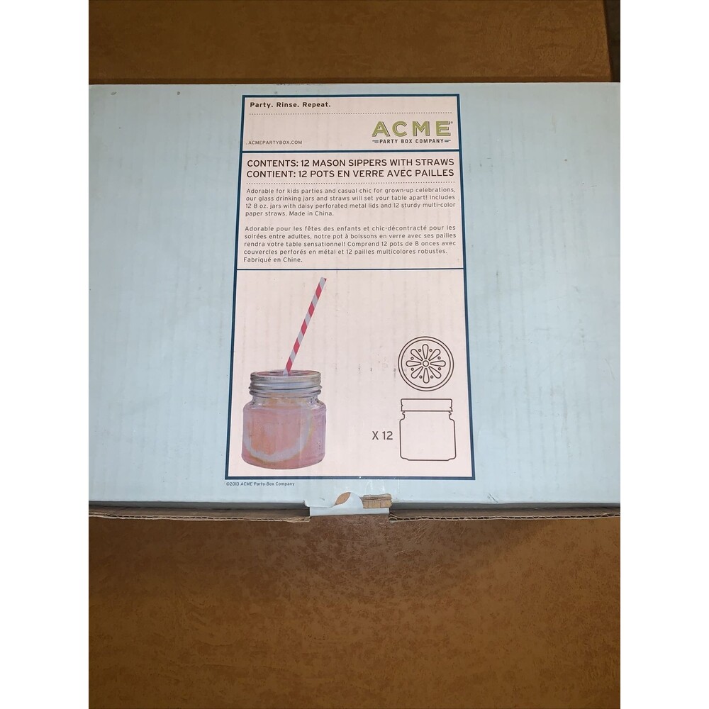 Acme Party Box 12 Glass Drinking Jars with Straws NEW Mason Jars
